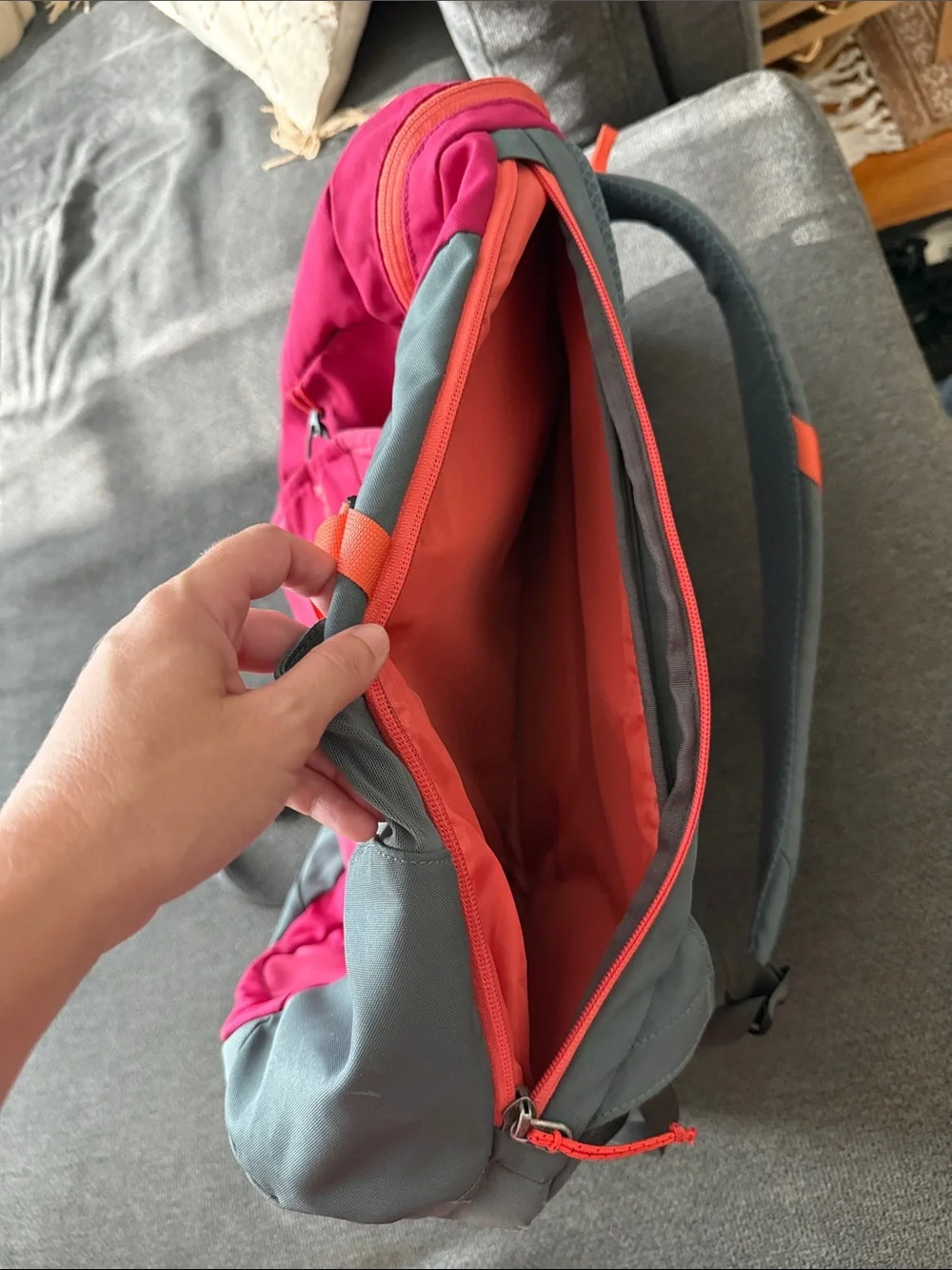 Patagonia Backpack in Bright Pink and Gray with Orange Accents